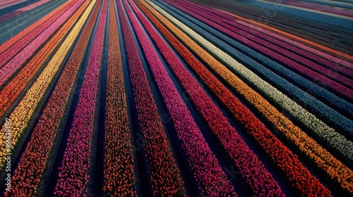 Colorful tulip fields, aerial view