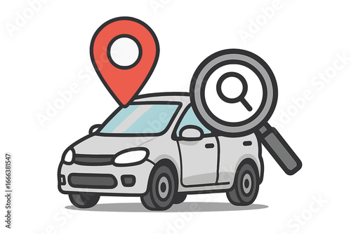 Car search, location, and tracking icon. Vehicle with map pointer and magnifying glass. GPS navigation, car sharing, and rental services concept. Find auto. Vector illustration.