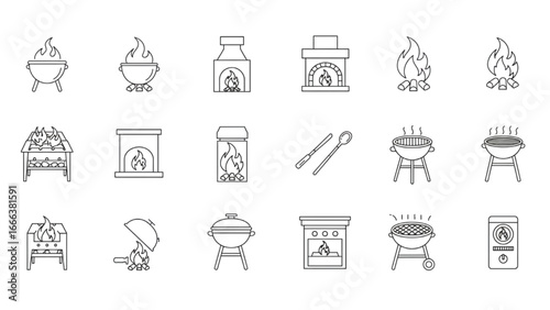 Fire and Cooking Icons Set – Grill, Fireplace, Burner, Cauldron, Outdoor Appliance Illustration