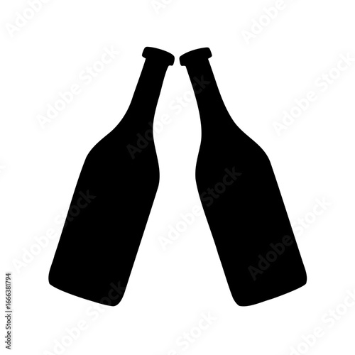 Silhouette of two beer bottles clinking together, celebrating with friends