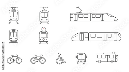 Public Transport Line Icons Set – Metro, Tram, Train, Bus, Bicycle, Wheelchair Accessibility