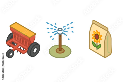 Sunflower farming isometric icon set. Agriculture tools for cultivation. Seed drill, irrigation sprinkler, and fertilizer bag. Vector illustration for agronomy or farm concepts.