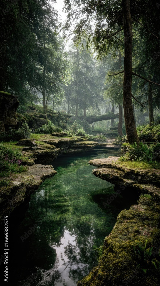 Naklejka premium Forest Stream With Lush Greenery And Reflections