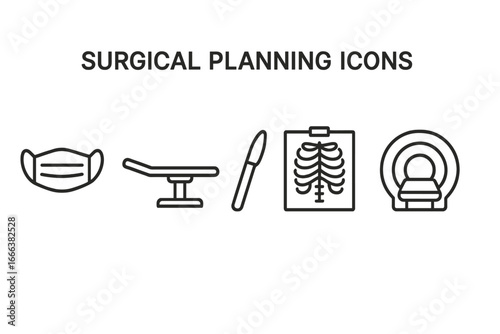 Surgical planning outline icon set. Vector icons for medical treatment and diagnostics. Includes surgery mask, operating table, scalpel, X-ray, and CT or MRI scanner symbols.