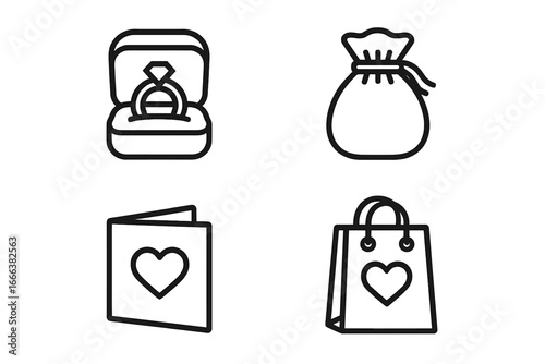 Romantic surprise proposal vector outline icons. Includes engagement diamond ring in box, jewelry pouch, love note card, and gift bag. Perfect for wedding or valentine's day.