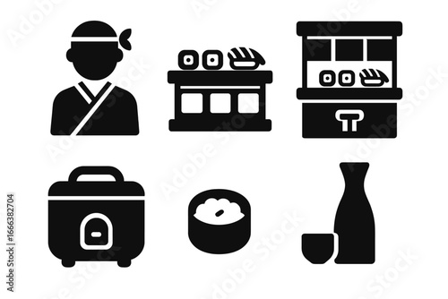 Solid sushi icon set with sushi chef, sushi counter, sushi bar, rice cooker, sushi roll, sake bottle, Japanese cuisine symbols, restaurant elements, vector illustration
