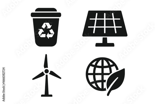 Corporate sustainability icon set with solid filled recycling bin, solar panel, wind turbine, and earth with leaf vector illustration for environmental and renewable energy concepts