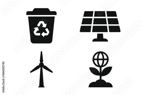 Corporate Sustainability Icons Grid, Solid Filled Vector Set with Recycling Bin, Solar Panel, Wind Turbine, Environmental Protection, Clean Energy Symbols, Green Business Illustration