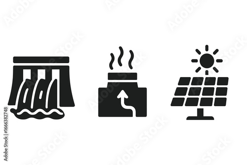 Sustainable Energy Icons Solid Filled Vector Set of Renewable Energy Technologies Including Hydroelectric Dam, Geothermal Plant, and Solar Panel Illustrations for Green Power Concepts