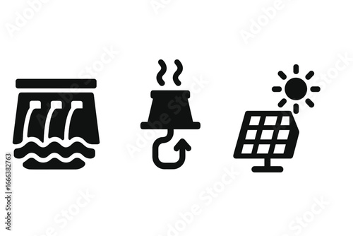 Sustainable Energy Icons Set, Solid Filled Vector Symbols of Renewable Energy Sources Including Hydroelectric Dam, Geothermal Plant, Solar Panel, Clean Power Technologies
