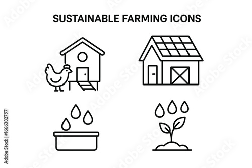 Small Scale Sustainable Farming Icons Vector Set with Chicken Coop, Solar Panel Barn, Rainwater Harvesting, and Plant Irrigation Outline Illustrations for Eco Agriculture