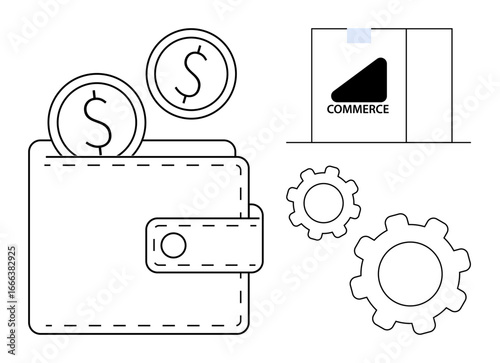 Wallet with coins, gears, and a commerce box symbolizing financial management, e-commerce, and system optimization. Ideal for fintech, online shopping, trade, economy business innovation simple