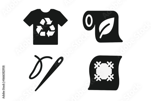 Sustainable Fashion Icons Set, Solid Filled Vector Illustrations of Eco-Friendly Secondhand Shirt, Organic Fabric Roll, Sewing Needle, Clothing Repair and Mending Symbols