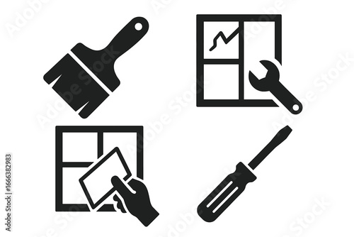 Window repair and maintenance tools vector icons set with paint brush, glass pane replacement, wrench, screwdriver, hand applying patch, isolated on transparent