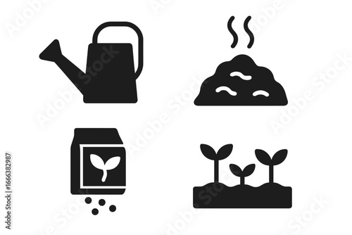Sustainable gardening icons set with watering can, compost pile, seed packet, and sprouting plants. Vector illustration of eco-friendly garden tools and organic growth symbols