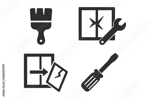 Window Repair Tools Vector Set, Solid Filled Icons for Maintenance, Glass Pane Replacement, Paint Brush, Screwdriver, Wrench, Home Renovation and DIY Equipment Illustration