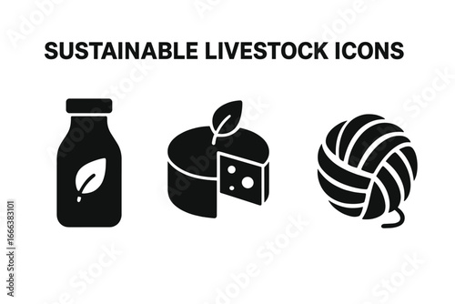 Sustainable Livestock Icons, Solid Filled Vector Set of Eco-Friendly Dairy and Wool Products, Milk Bottle, Cheese Wheel, Natural Yarn, Organic Farming Symbols