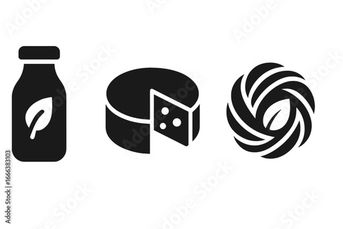 Sustainable livestock icons solid filled vector set representing eco-friendly dairy products including milk bottle, cheese wheel, and wool production with green leaf symbol