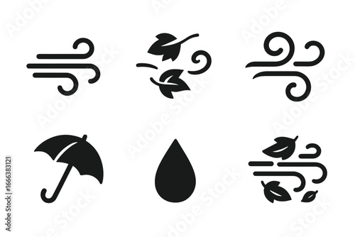 Windy Weather Icons Set, Solid Filled Vector Illustrations of Wind Gusts, Blowing Leaves, Swirling Air, Umbrella, Raindrop, Autumn Fall Seasonal Symbols for Weather Design