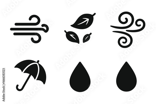 Windy Weather Icons Set, Solid Filled Vector Symbols of Gusty Fall Air, Blowing Leaves, Swirling Wind, Umbrella, Raindrops, Autumn Breeze Weather Elements Illustration