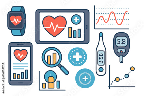 Health technology elements with devices, graphs, and analytics for medical data management. Vector icons for digital health, telemedicine, heartbeat monitoring, and diabetes care.