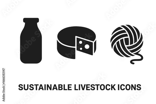 Sustainable livestock product icons, solid filled vector set featuring eco-friendly milk bottle, cheese wheel with holes, wool yarn ball, animal farming and dairy industry symbols