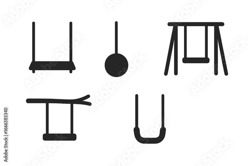 Solid filled swing icon grid set with empty wooden swings, rope swings, playground frames, tree branch swings, and empty seats vector illustration on transparent background