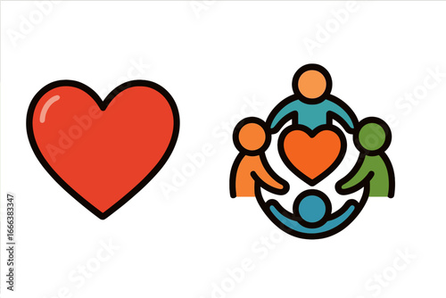 Community care icon with people holding hands around a heart. Concept for love, teamwork, social connection, charity, and support. Vector logo for union, family, and volunteer groups.