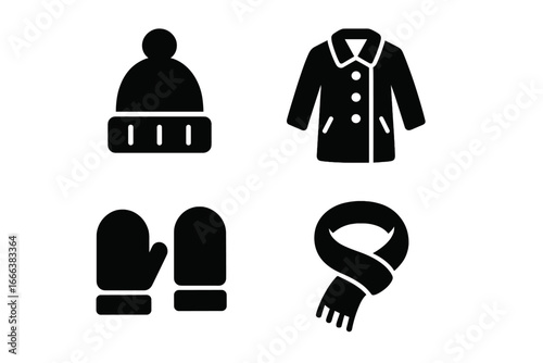 Cozy winter accessories icons set including pom-pom beanie hat, buttoned winter coat, warm fleece mittens, and stylish knitted scarf, solid filled vector illustration
