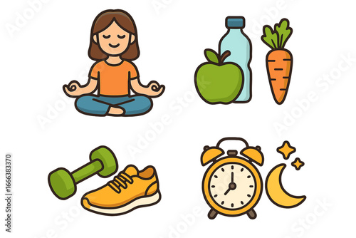 Healthy lifestyle icons set. Wellness routine with meditation, fitness, diet and good sleep. Health care, nutrition, sport and relaxation vector cartoon symbols collection.
