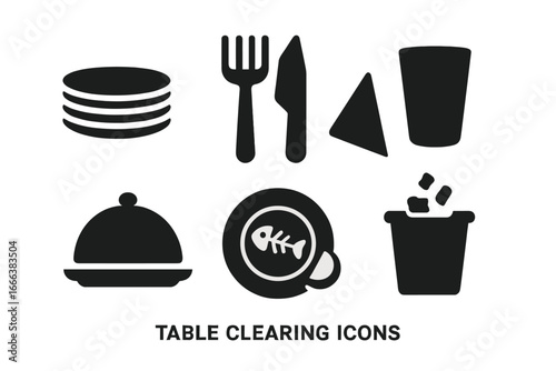 Solid filled vector icons of table clearing items including plate stack, cutlery set, napkin, glass, tray with cover, food leftovers, and trash bin illustration