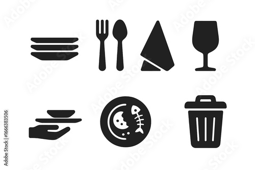 Table clearing icons set, solid filled vector illustrations including plate stack, cutlery, napkin, wine glass, serving tray, food leftovers and trash bin symbols for restaurant and dining design