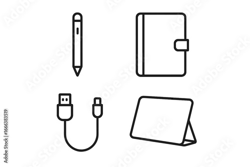 Tablet accessories icons outline set including stylus pen, protective case, charging cable, and tablet stand, vector illustration on transparent background, digital device essentials