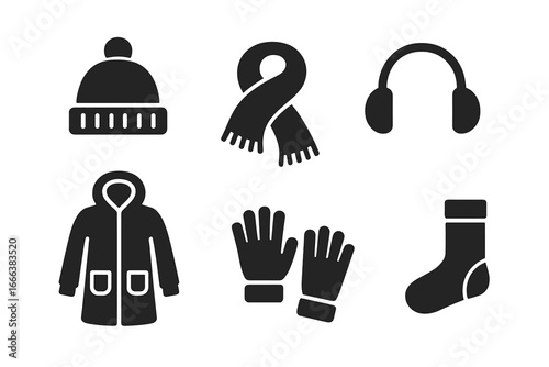 Winter Clothing Icons Solid Filled Vector Set Featuring Warm Accessories Including Winter Hat, Scarf, Gloves, Earmuffs, Parka, Snow Boots, Wool Socks on Transparent Background