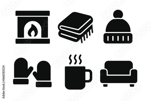 Winter Comfort Icons Set. Solid Filled Vector Collection of Cozy Fireplace, Warm Blanket, Wool Hat, Mittens, Hot Steaming Mug, Comfy Couch Symbols for Cold Season Warmth