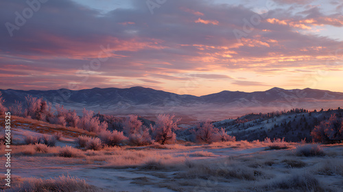 Frosty landscape at sunrise reveals pink skies and snow-covered hills in a winter wonderland