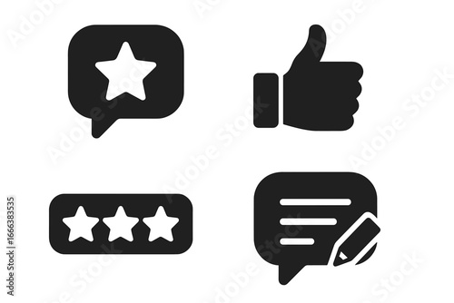 Talent feedback icons set, solid filled vector symbols including speech bubble with star, thumbs up, star rating, and comment box for talent competition evaluation and reviews