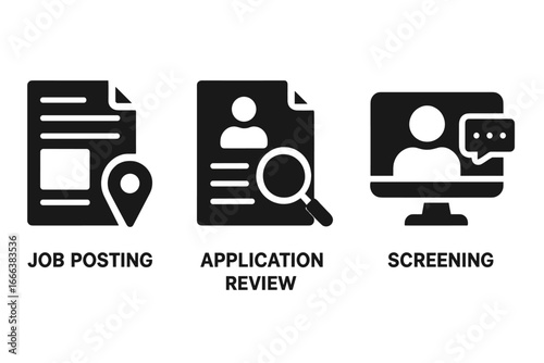 Talent Acquisition Icon Set, Solid Filled Vector Icons Representing Job Posting, Application Review, and Candidate Screening Stages for Recruiting Process, Transparent Background