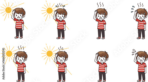 Cartoon boy, heatstroke, sun exposure, summer heat, dehydration, sunburn, heat exhaustion, UV rays, child illness, hot weather, overheating, sun safety, heatwave, warm climate
