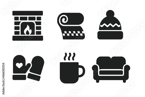 Winter Comfort Icons Set. Solid Filled Vector Illustration of Cozy Fireplace, Warm Blanket, Woolen Hat, Mittens with Heart, Steaming Hot Beverage Mug, Comfy Couch for Cold Season