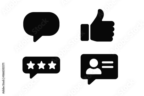 Talent feedback icon set with solid filled design featuring speech bubbles, thumbs up, star ratings, comment boxes, and user profile symbols for talent competition reviews