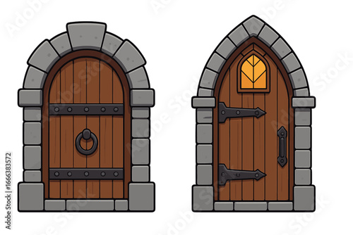 Two medieval castle doors vector set. Old wooden gate with stone arch. Fantasy gothic architecture. Fortress or dungeon entrance portal. Cartoon game asset illustration.