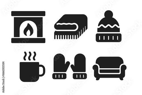 Winter comfort icons set with solid filled symbols of cozy fireplace, warm blanket, wool hat, mittens, steaming mug, and comfy couch for cold season relaxation