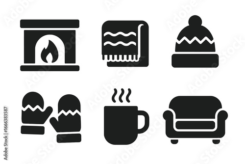 Winter Comfort Icons Set, Solid Filled Vector Illustrations of Cozy Fireplace, Warm Blanket, Wool Hat, Mittens, Steaming Hot Mug, and Comfortable Couch for Seasonal Warmth