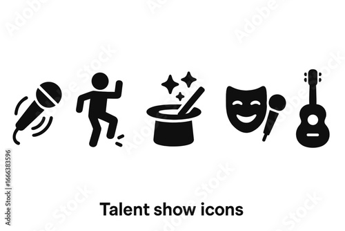 Talent Show Icons Set, Solid Filled Vector Illustrations of Singing, Dancing, Magic Tricks, Comedy, Instrument Playing, Performance Art, Entertainment Symbols