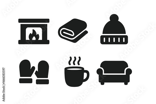 Winter Comfort Icons Solid Filled Icon Set of Warm Fireplace Cozy Blanket Wool Hat Mittens Steaming Mug and Comfortable Couch Vector Illustration Transparent