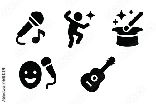 Talent Show Icons Set, Solid Filled Vector Illustrations of Singing, Dancing, Magic Tricks, Comedy, Instrument Playing, Entertainment and Performance Art Symbols