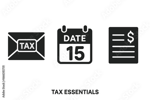 Solid filled vector icons of tax essentials including tax envelope, tax deadline calendar date 15, and budget sheet symbolizing tax season financial planning and deadlines