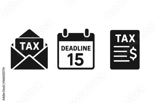 Solid filled tax essentials icons set with envelope and tax label, deadline calendar with date 15, and budget sheet with dollar sign, tax season financial concept vector illustration