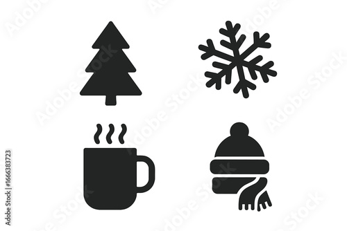 Winter Holiday Icons Vector Set, Solid Filled Symbols of Festive Pine Tree, Snowflake, Hot Cocoa Mug, Cozy Winter Hat and Scarf, Seasonal Celebration Elements on Transparent Background